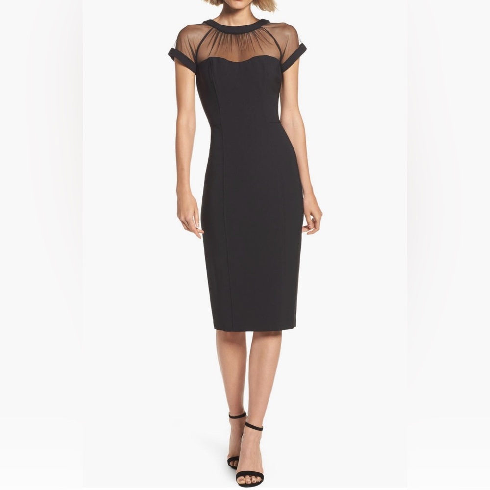 Maggy London illusion yoke crepe dress- black, size 6, NWT